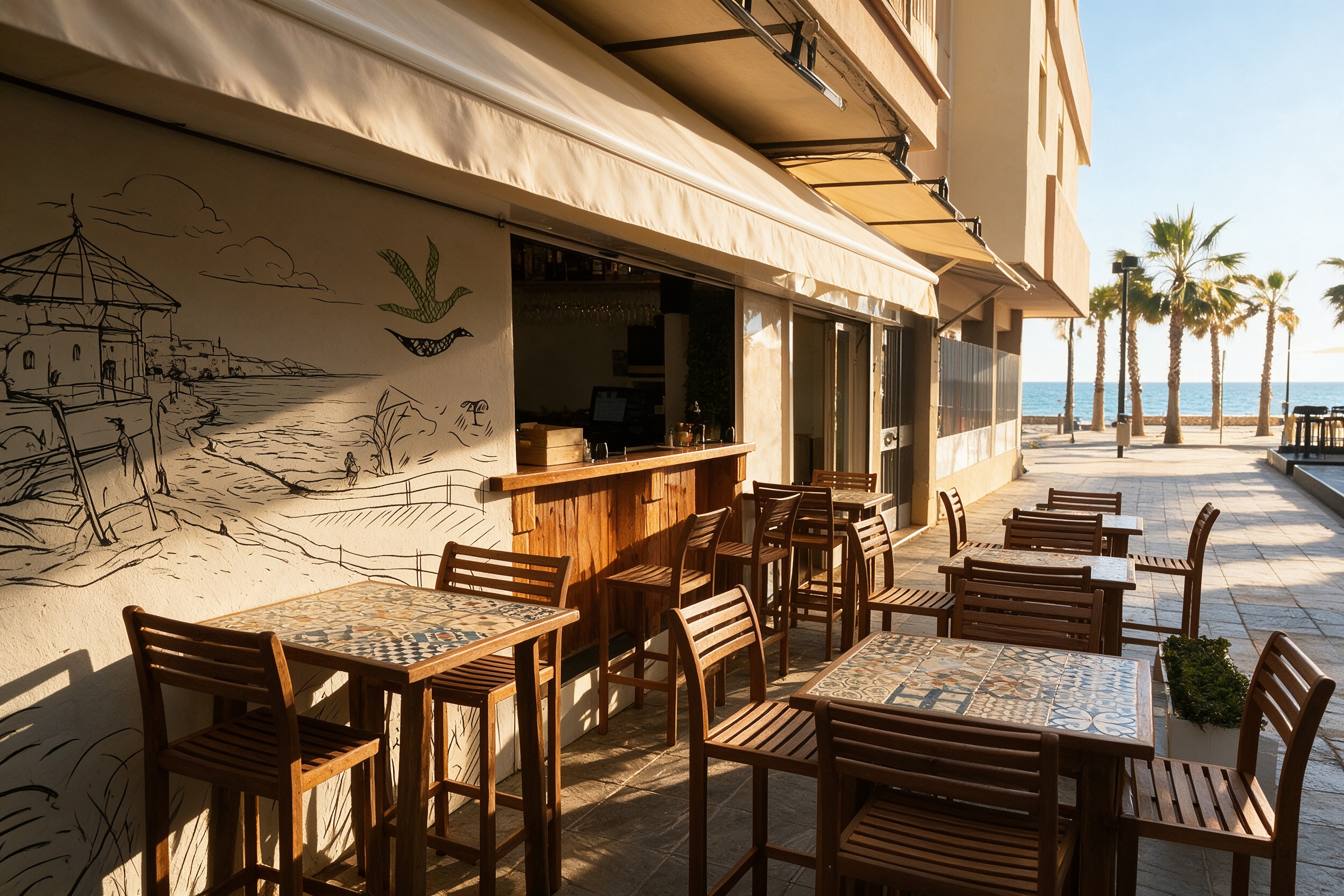 Terraza de Jamón y Salud junto al paseo marítimo de Fuengirola