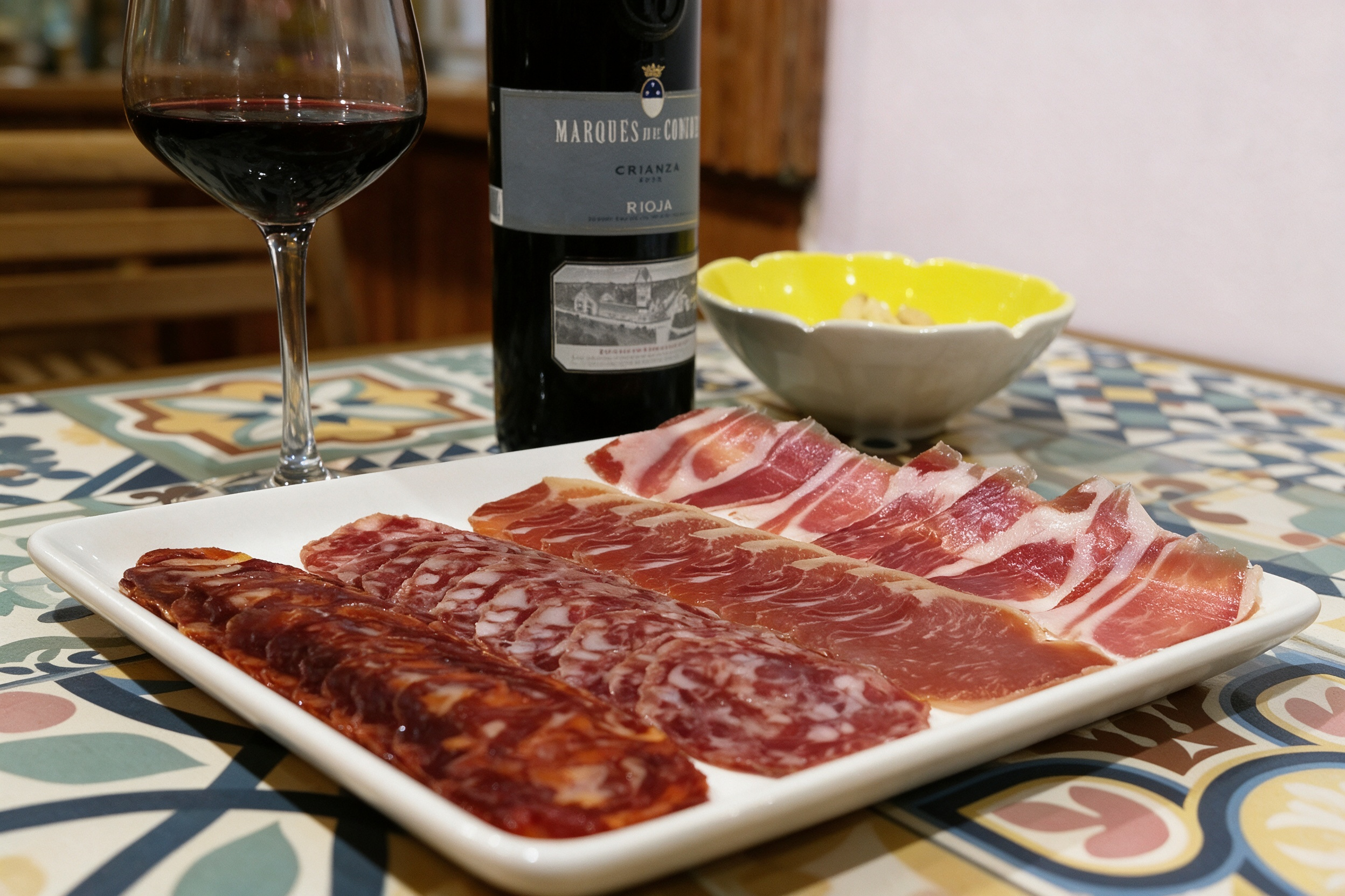 Embutidos y vino de Rioja — tabla de embutidos con copa de Rioja Crianza